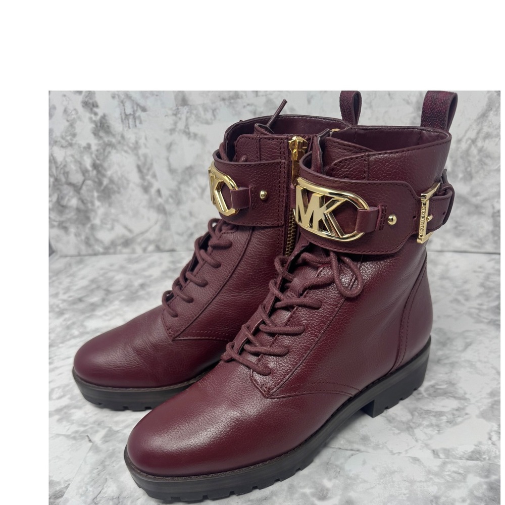 Michael Kors Burgundy Leather Lace Up Combat Boots Gold MK Logo Size 6.5M - Picture 10 of 10